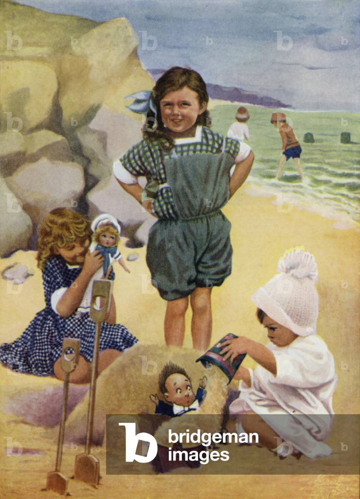 Children playing at the seaside (colour litho)