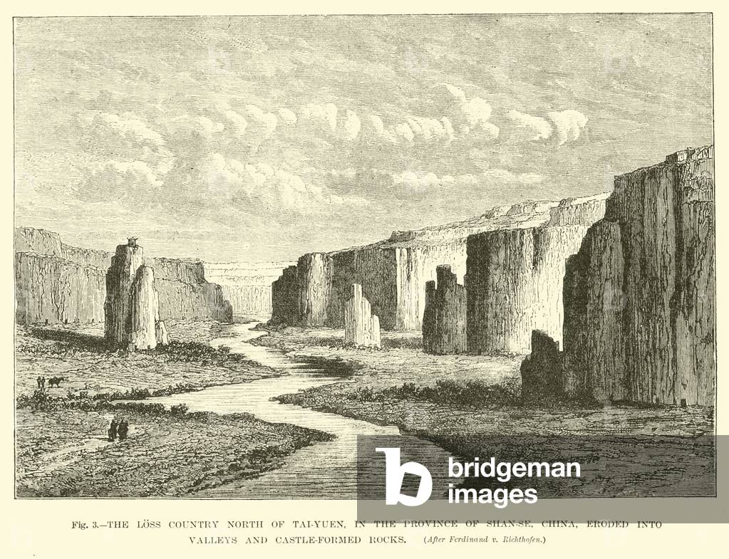 The loss country north of Tai-Yuen, in the province of Shan-se, China, eroded into valleys and castle-formed rocks (engraving)