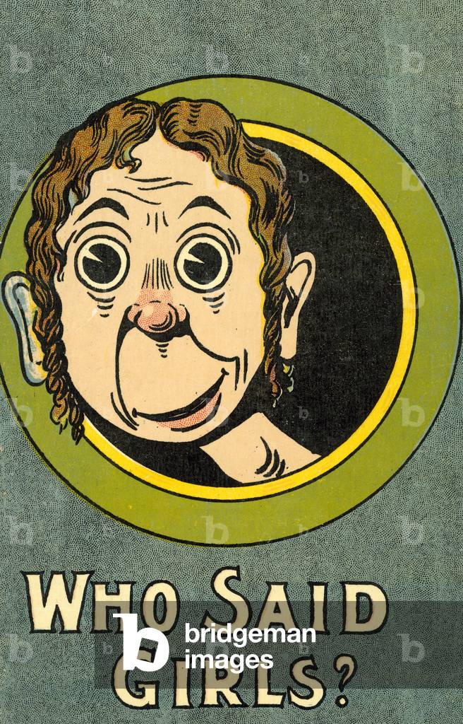 Man looking out of a porthole window at the mention of girls (colour litho)
