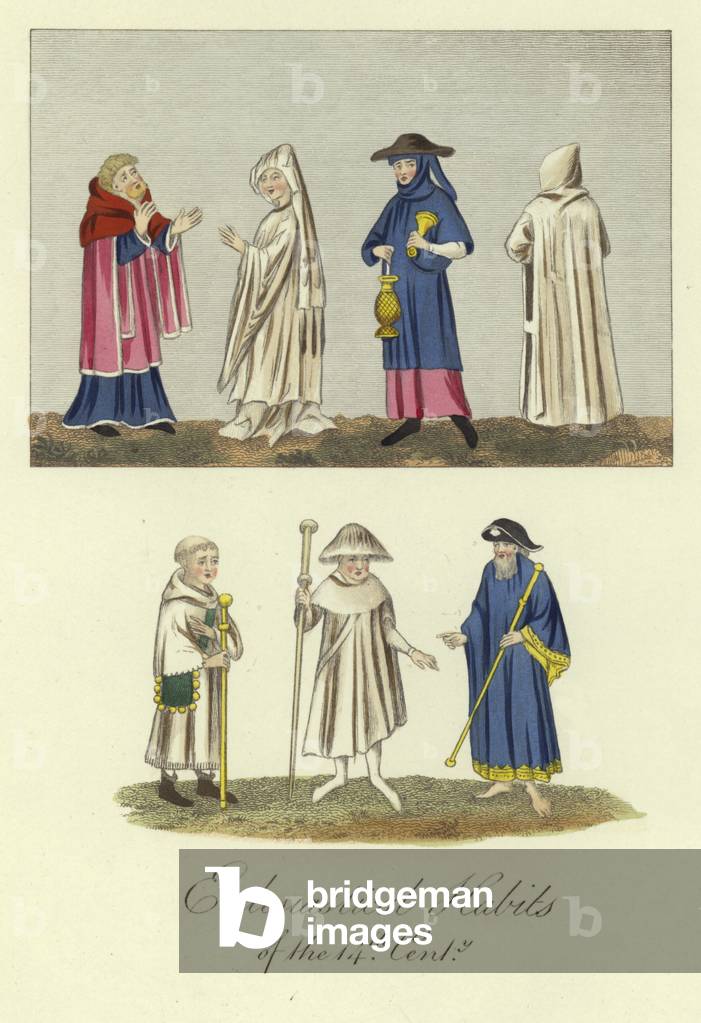 Ecclesiastical habits of the 14th Century (coloured engraving)