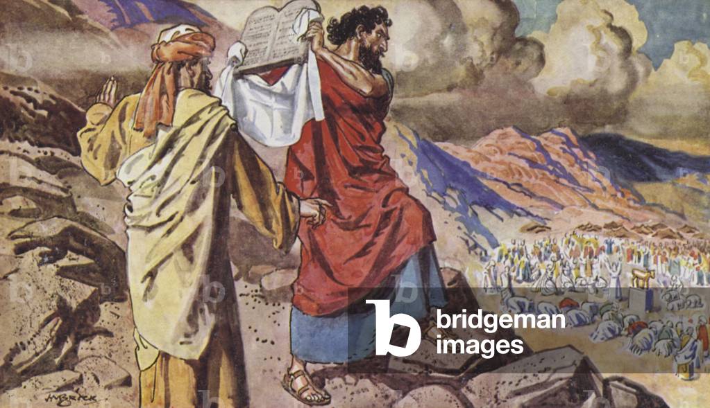 Moses breaks the Tables of the Law (colour litho)