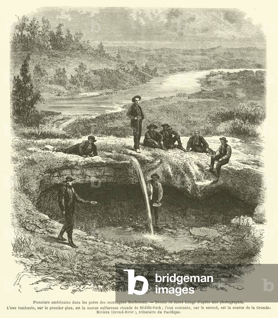 Pionniers americains dans les parcs des montagnes Rocheuses (engraving)