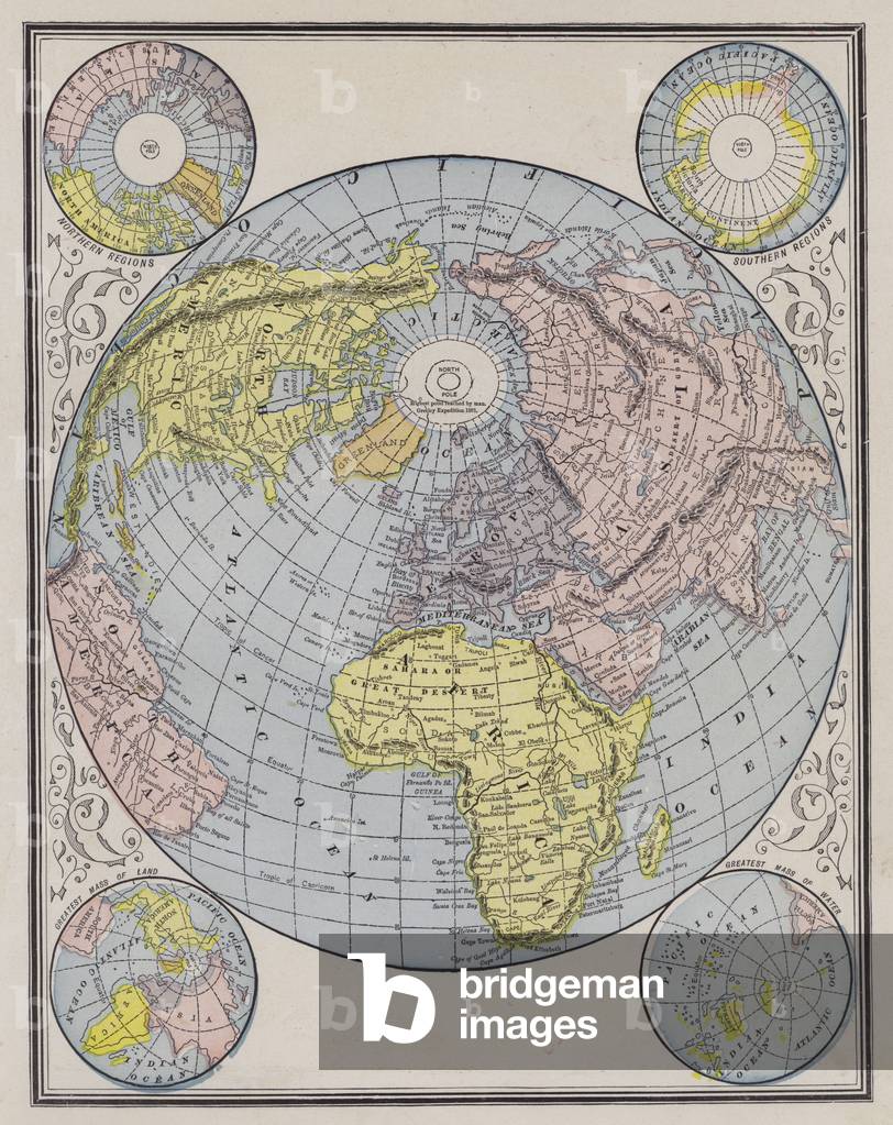 World map showing the continents, polar regions and changes in sea levels (coloured engraving)