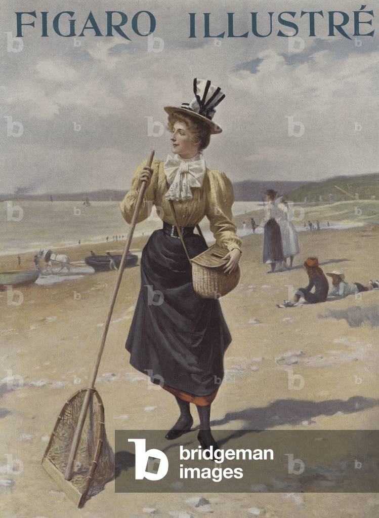 A woman walking along a beach carrying fishing equipment (colour litho)