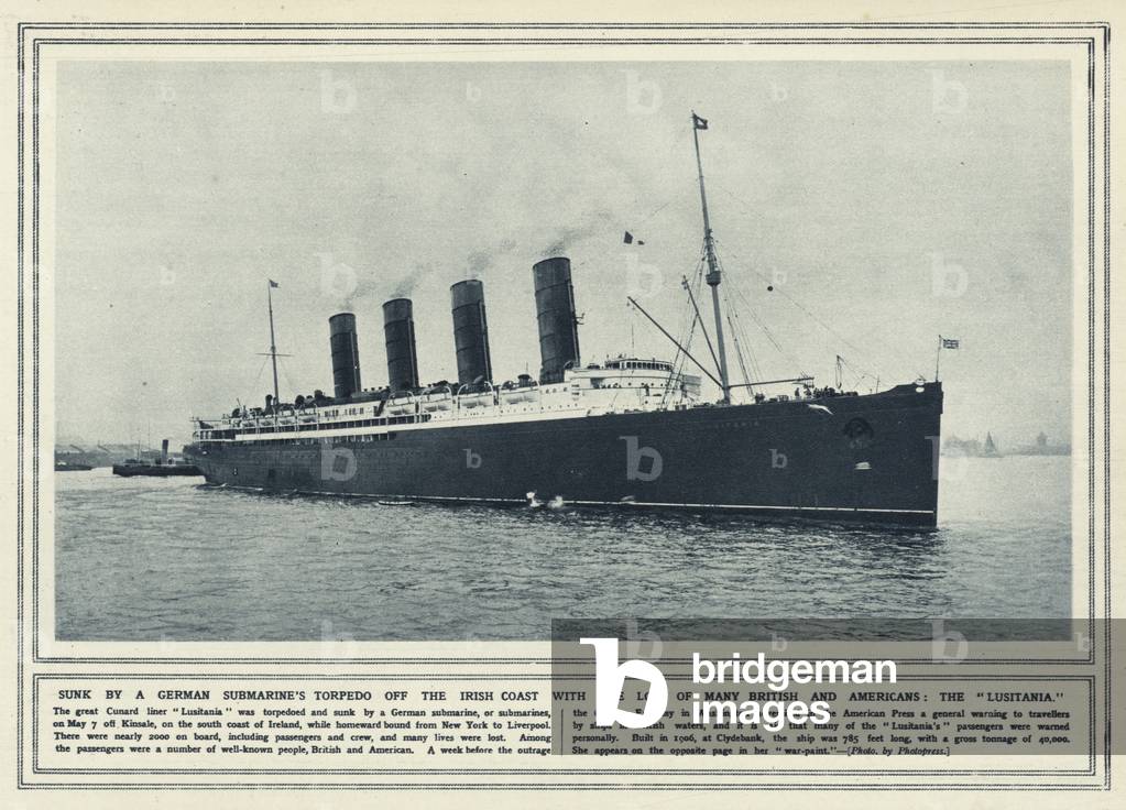 Sunk by a German submarine's torpedo off the Irish coast with the loss of many British and Americans, the Lusitania (b/w photo)