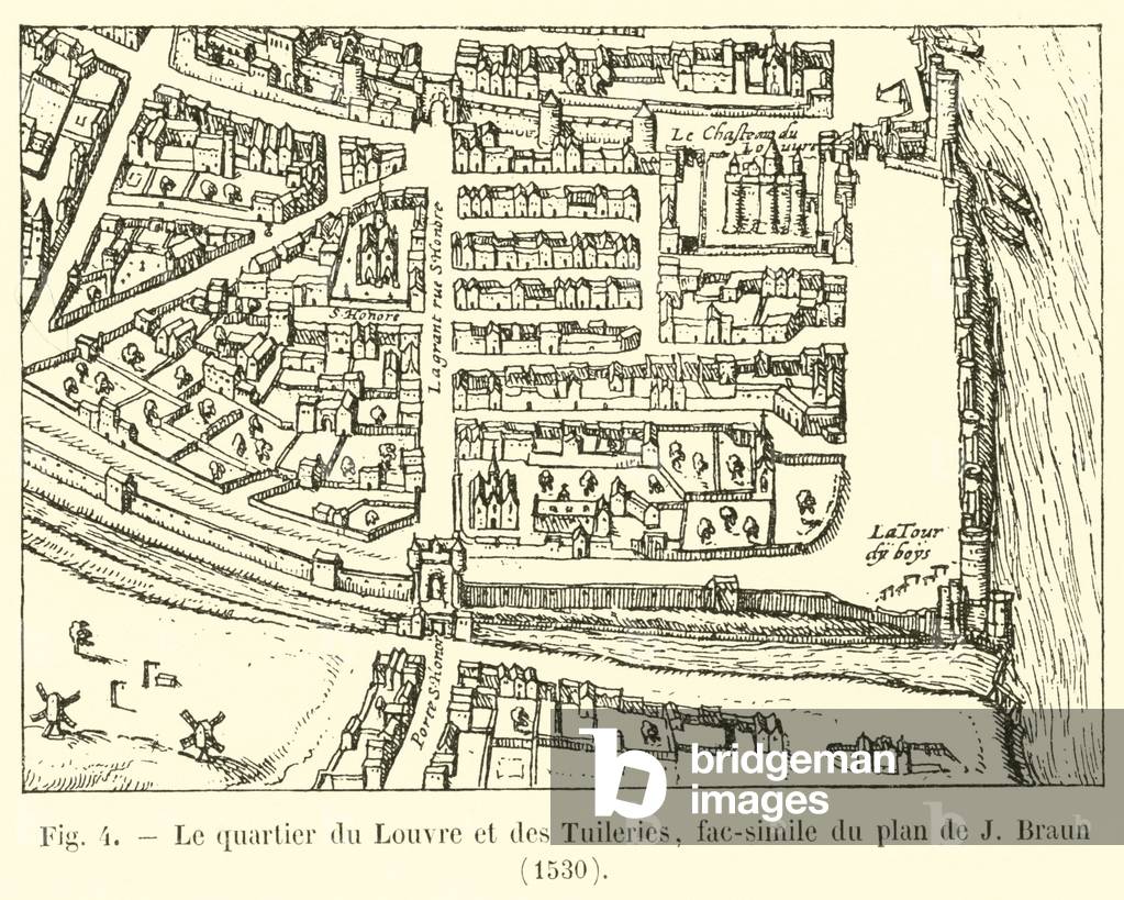 Le quartier du Louvre et des Tuileries, fac-simile du plan de J Braun, 1530 (engraving)