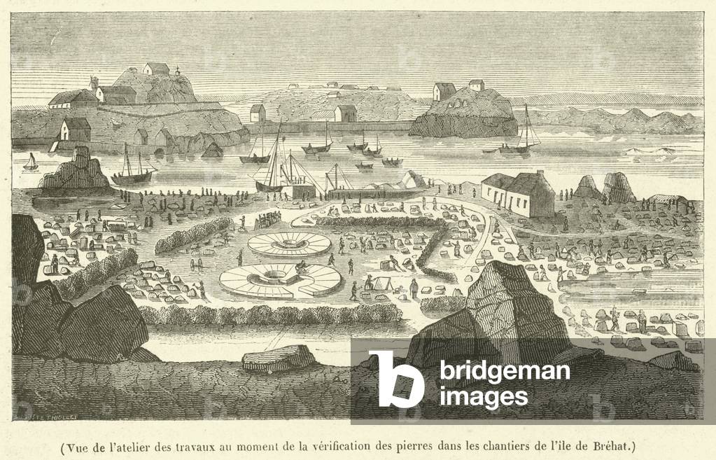 Vue de l'atelier des travaux au moment de la verification des pierres dans les chantiers de l'ile de Brehat (engraving)