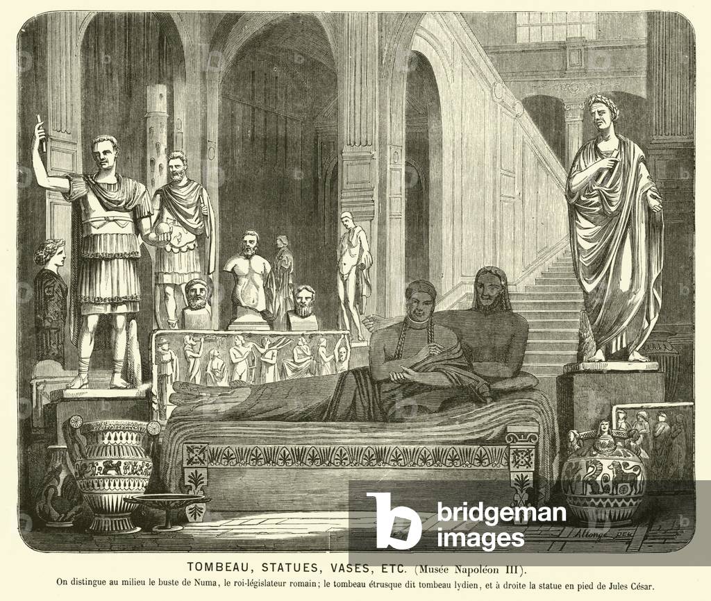 Roman tomb, statues, vases and other artefacts at the Musee Napoleon III, Paris (engraving)