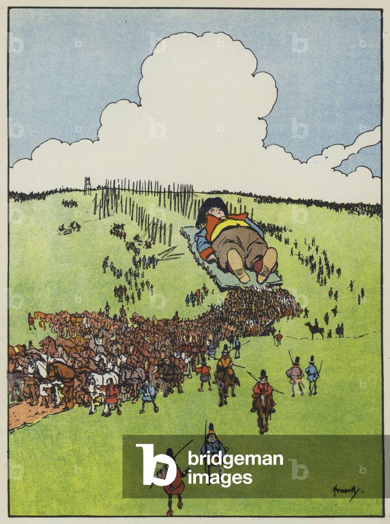Gulliver's Travels: Gulliver is carried to the City of the Little People (colour litho)