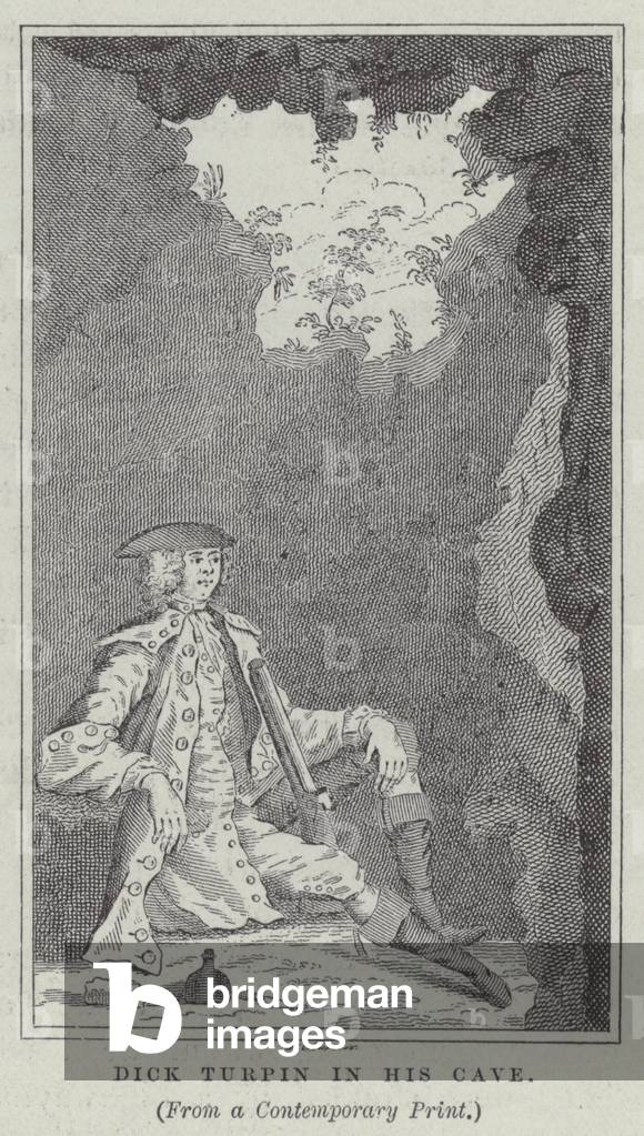 Dick Turpin in his cave (engraving)