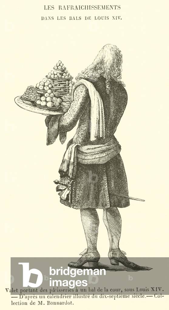 Valet portant des patisseries a un bal de la cour, sous Louis XIV (engraving)