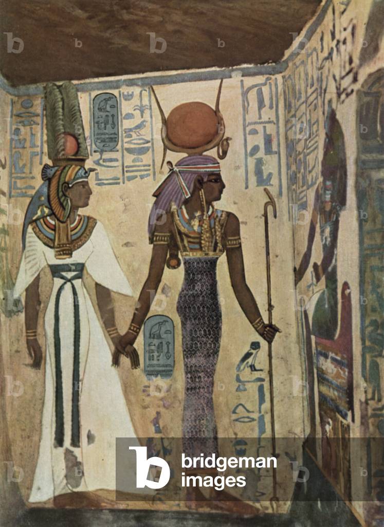 Thebes, Tomb of Queen Nefert-Ari, Wife of Rameses II, Isis introducing the Queen before Osiris (coloured photo)