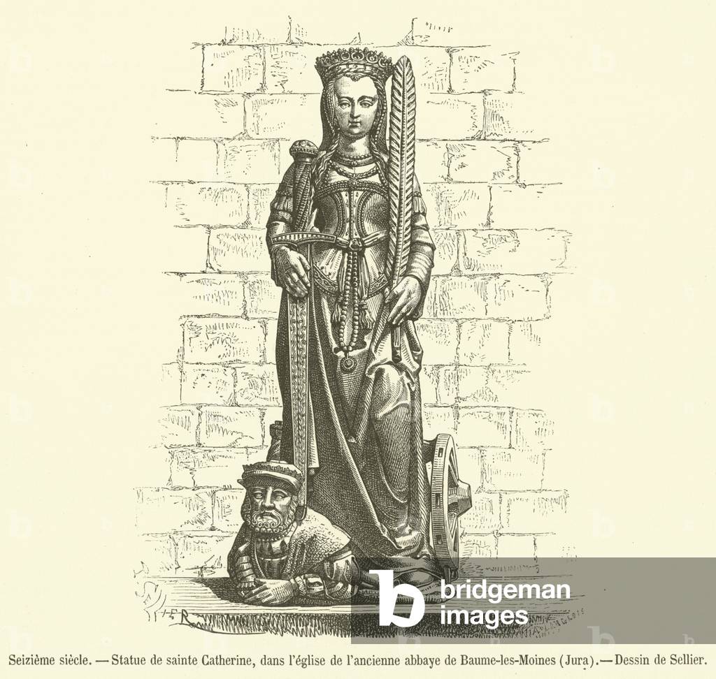 Seizieme siecle, Statue de sainte Catherine, dans l'eglise de l'ancienne abbaye de Baume-les-Moines, Jura (engraving)