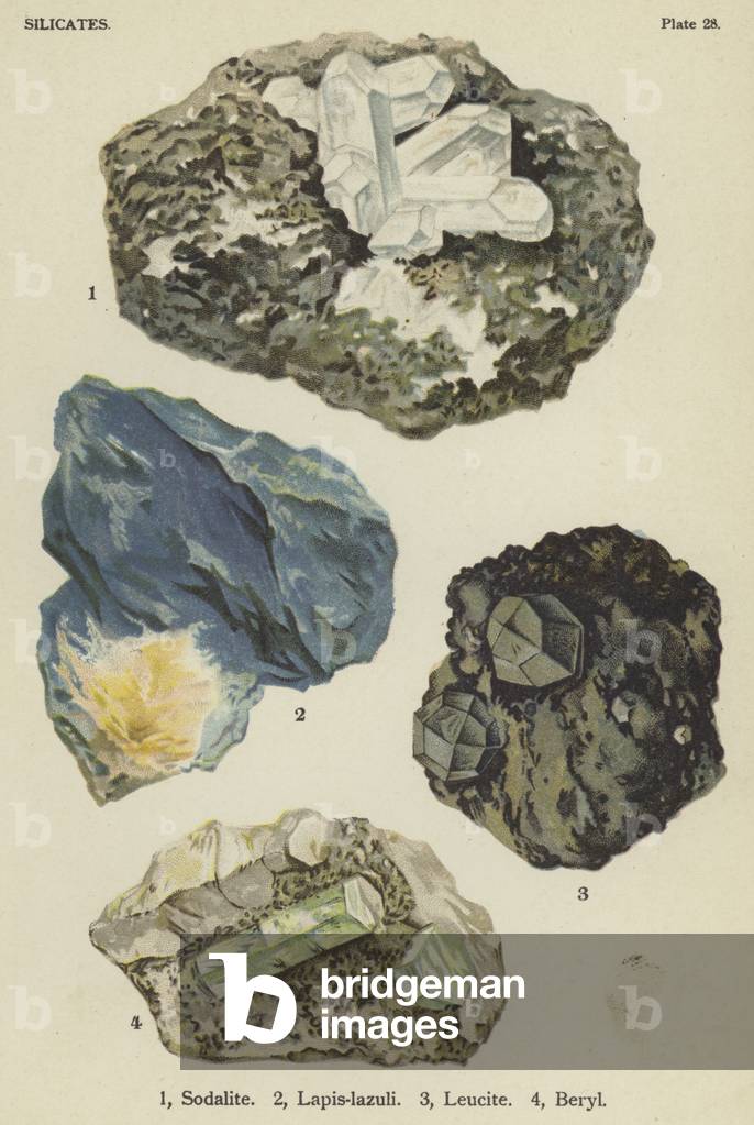 Silicates, sodalite, lapis-lazuli, leucite, beryl (colour litho)