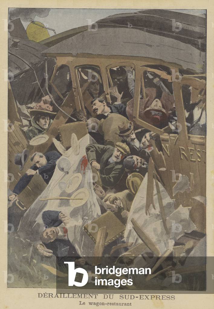 Derailment of the Sud-Express train: the resaurant car (colour litho)