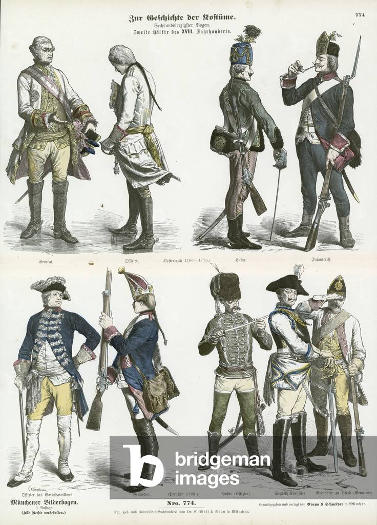 Austrian and Prussian military uniforms, second half of 18th Century (coloured engraving)