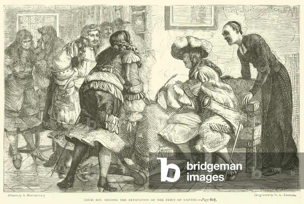 Louis XIV signing the Revocation of the Edict of Nantes (engraving)