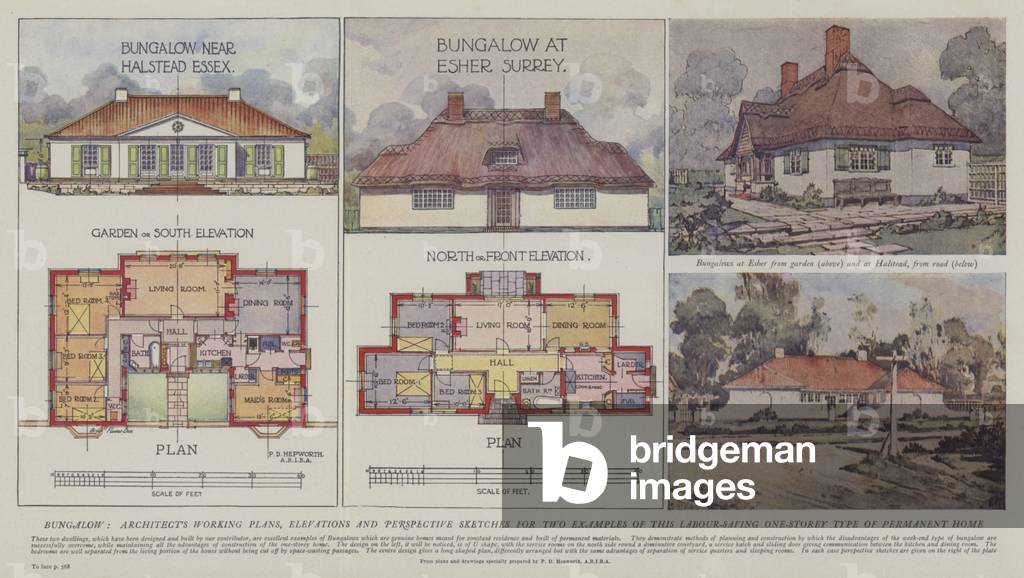 Bungalow, architect's working plans, elevations and perspective sketches for two examples of this labour-saving one-storey type of permanent home (colour litho)