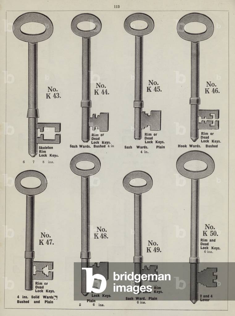 Page from metalwork catalogue: Keys and key blanks (litho)