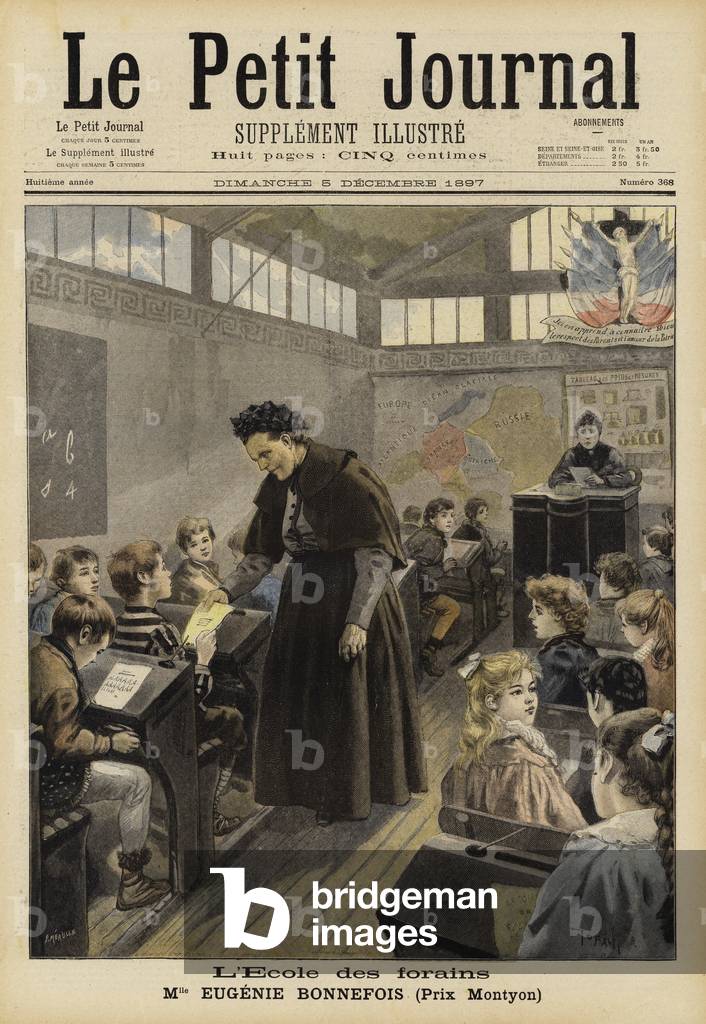 Eugenie Bonnefois, French schoolteacher, at her school for the children of fairground workers (colour litho)