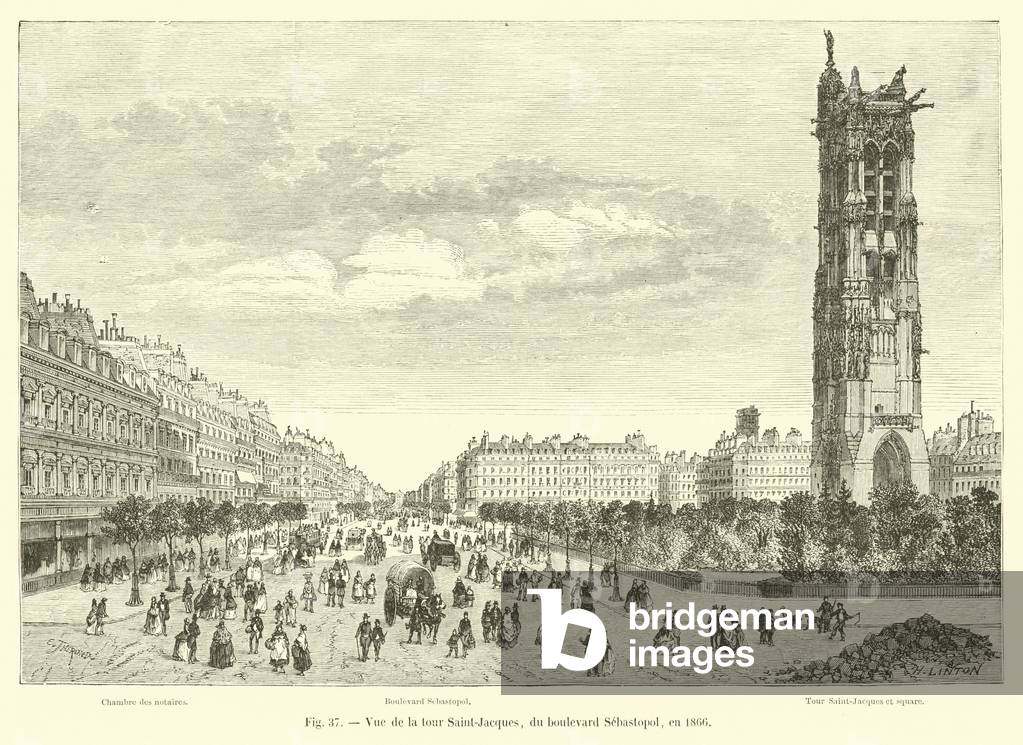 Vue de la tour Saint-Jacques, du boulevard Sebastopol, en 1866 (engraving)