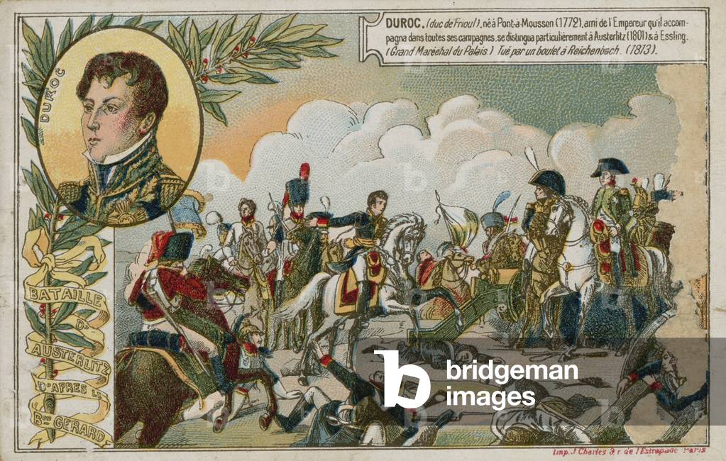 Trade card with an image depicting the Battle of Austerlitz (chromolitho)