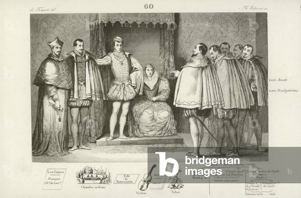 Francis II of France informing deputies of parliament that he has chosen his uncles, the Duke of Guise and Charles, Cardinal of Lorraine, to govern for him, 1559 (engraving)