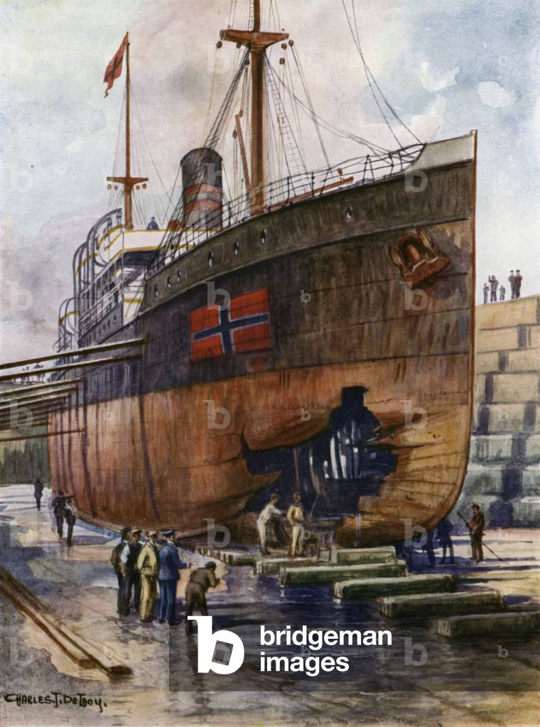 A tramp steamer in dry dock (colour litho)