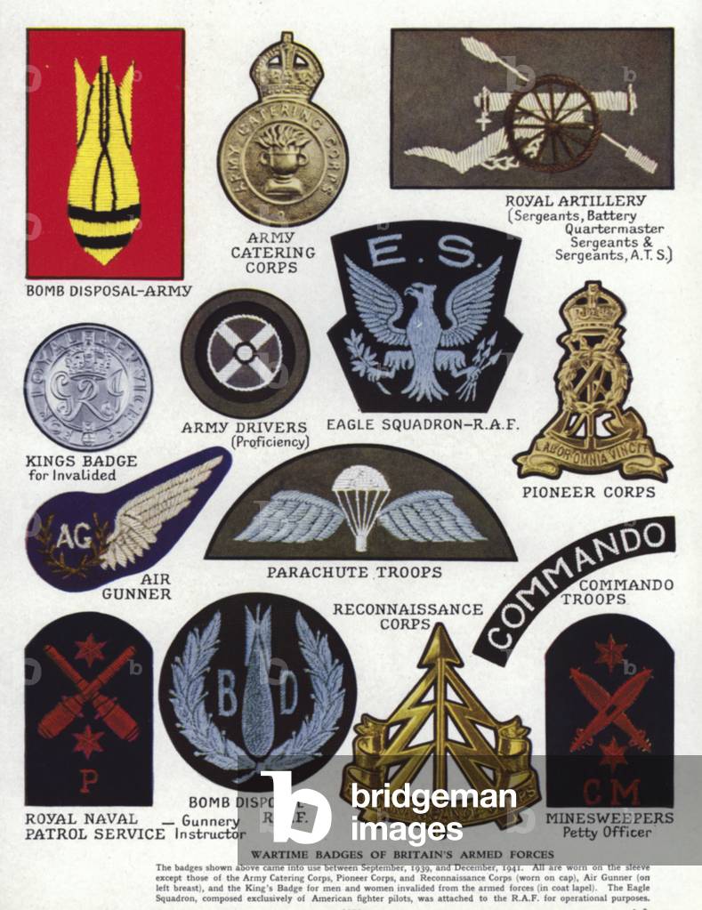 Wartime badges of Britain's armed forces, World War II, 1939-1945 (colour litho)