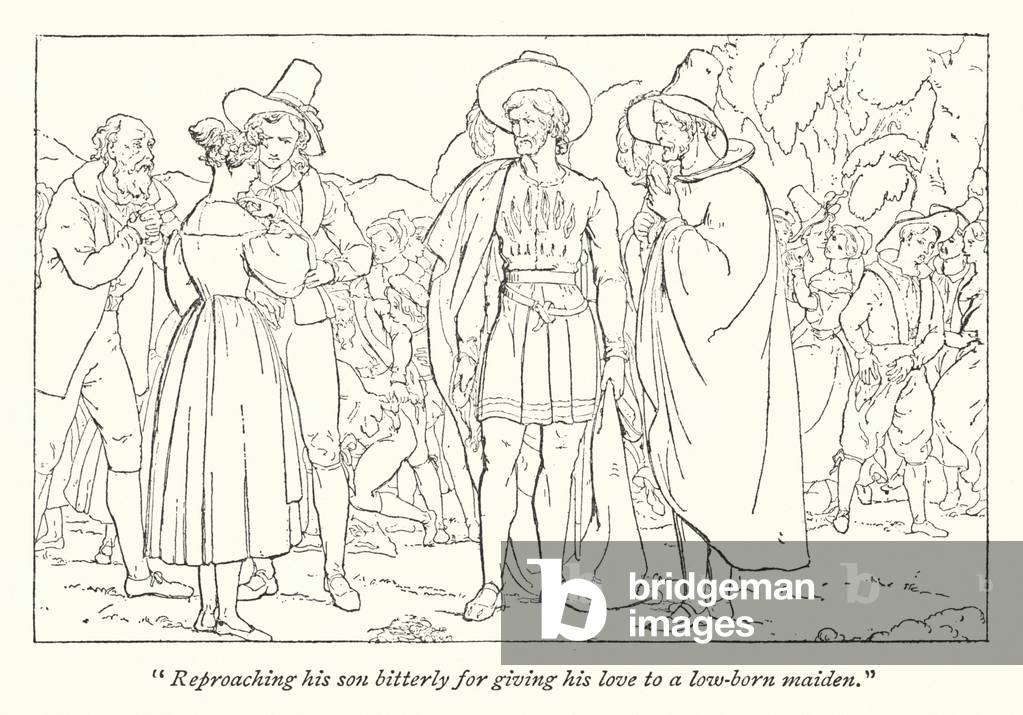 Shakespeare's The Winter's Tale; Florizel as a shepherd, Polixenes and Camillo disguised (engraving)