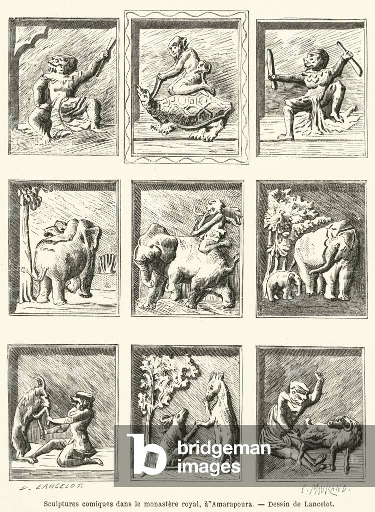 Sculptures comiques dans le monastere royal, a Amarapoura (engraving)