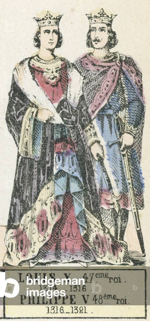Louis X, 47eme roi, 1314-1316; Philippe V, 48eme roi, 1316-1321 (coloured engraving)
