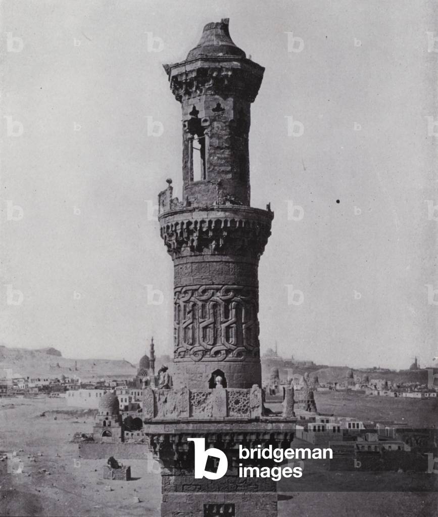 Egypt: Mueddin, on the Minaret, Calling the Faithful to Prayers (b/w photo)