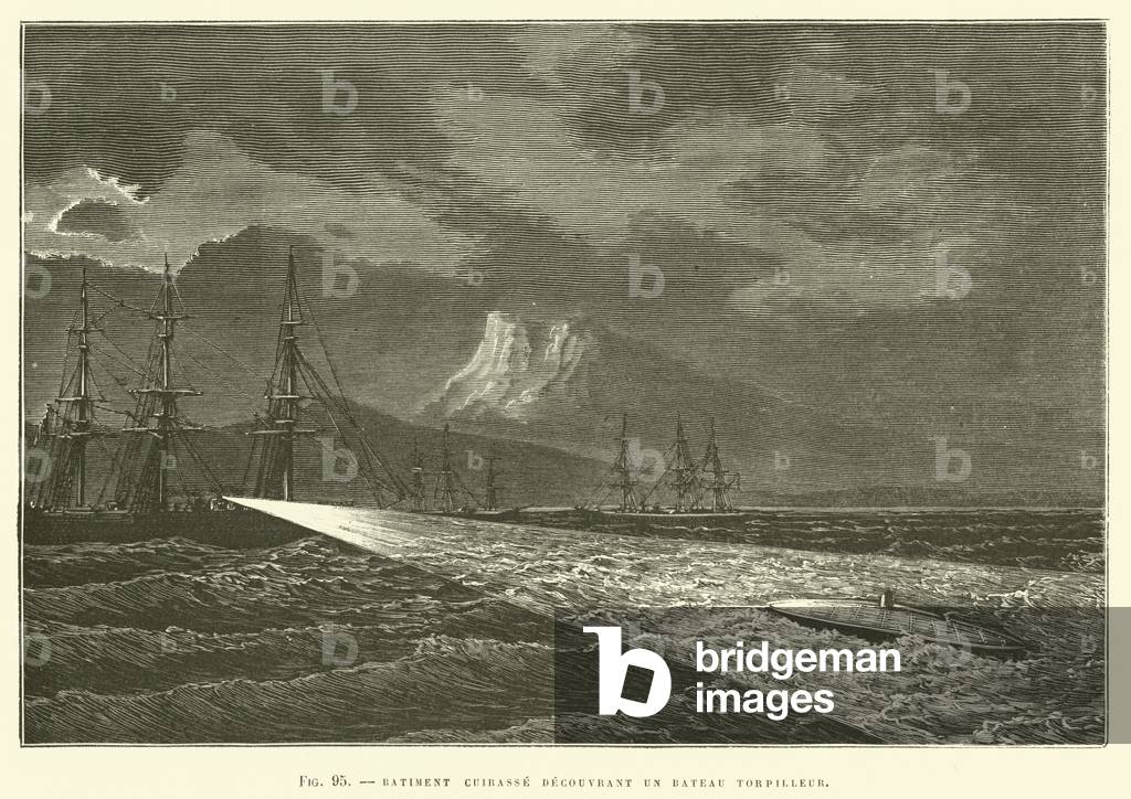 Batiment Cuirasse Decouvrant Un Bateau Torpilleur (engraving)