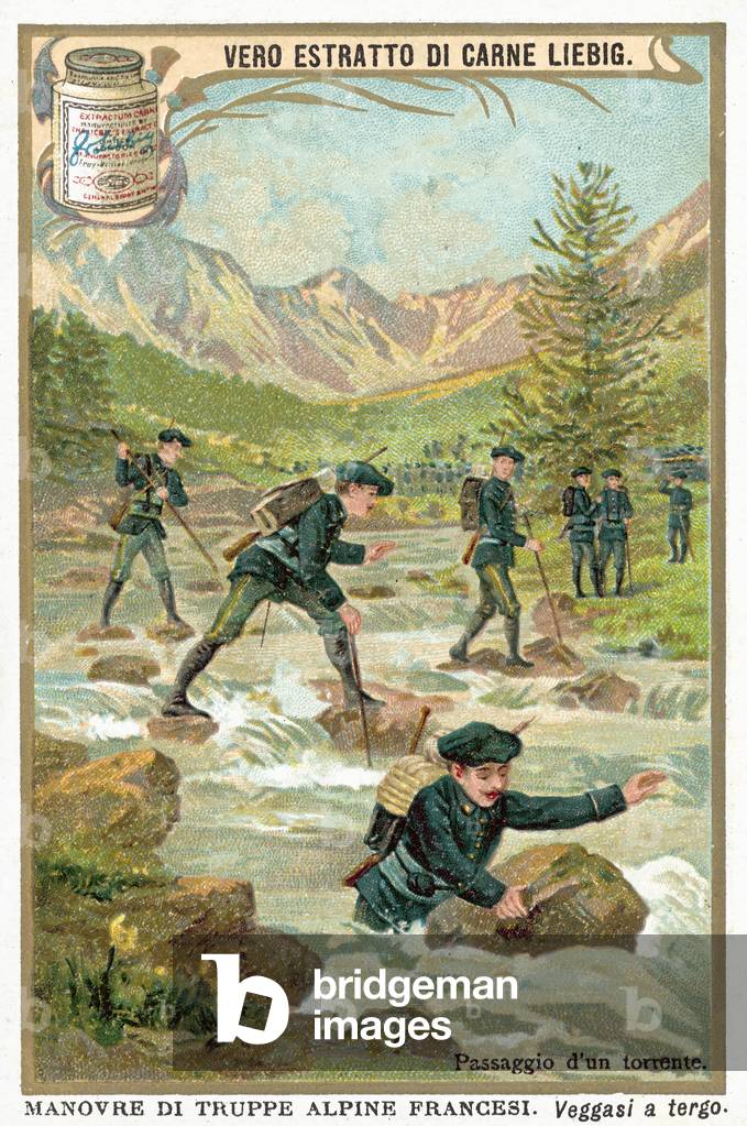 Crossing a mountain torrent (chromolitho)