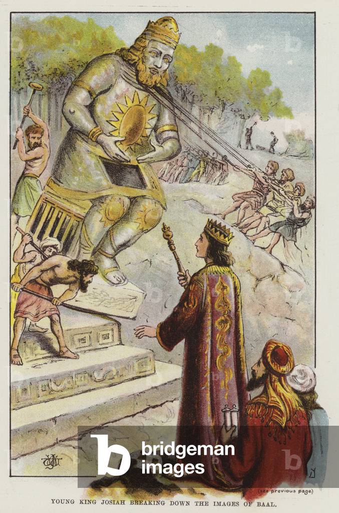 Young King Josiah breaking down the Images of Baal (colour litho)
