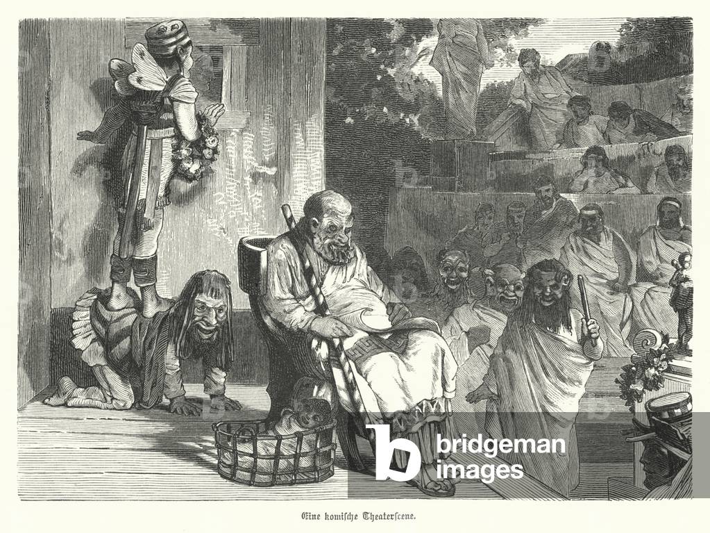 Performance of a comedy at a theatre in Ancient Greece (engraving)