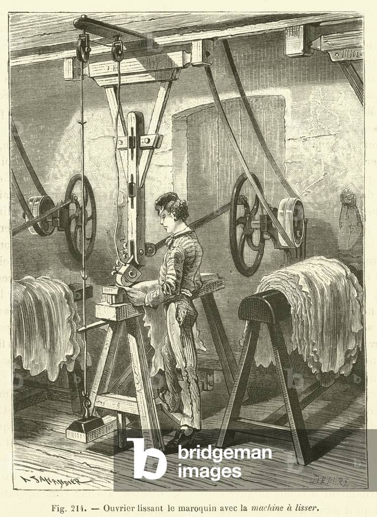 Ouvrier lissant le maroquin avec la machine a lisser (engraving)