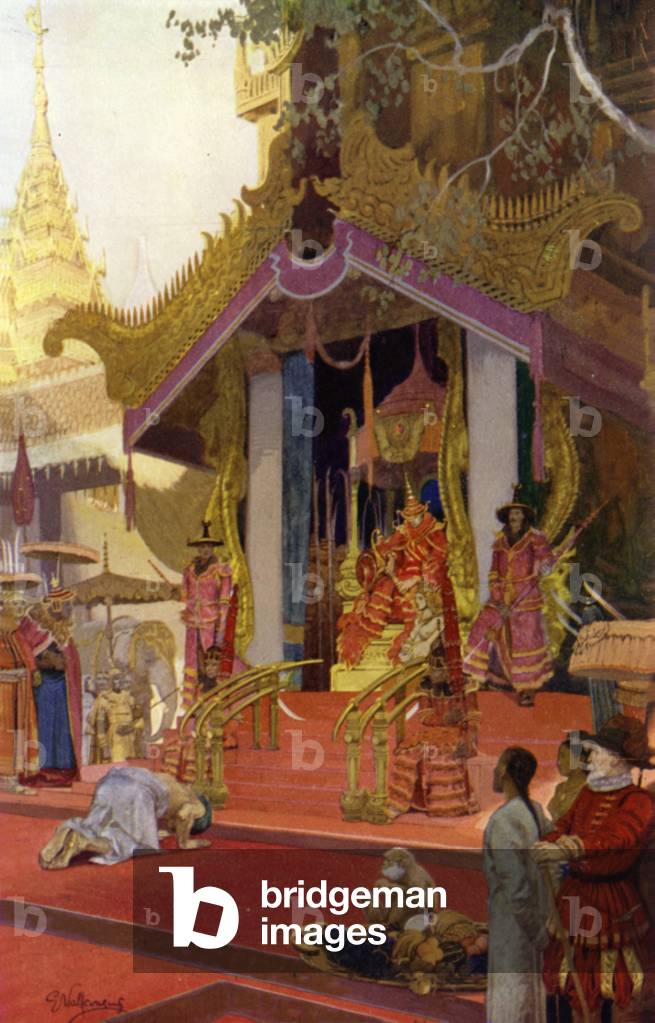 The King of Pegu receives an envoy, 17th century (colour litho)