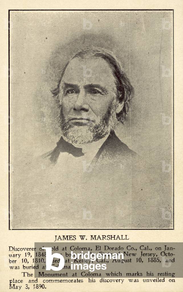 James W Marshall, American sawmill operator whose discovery of gold at Coloma, California, in 1848 sparked the California Gold Rush (b/w photo)