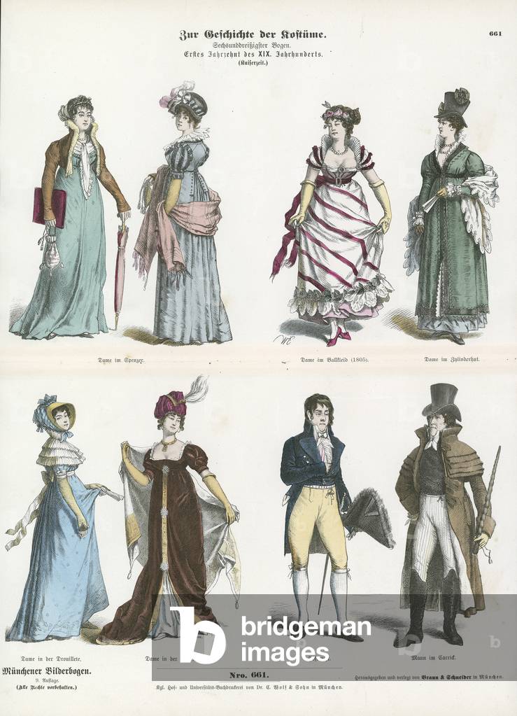 Costumes of the 1800s (coloured engraving)