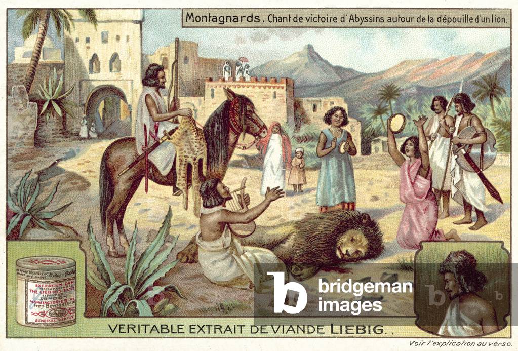 Abyssinians singing a victory song over the body of a lion (chromolitho)