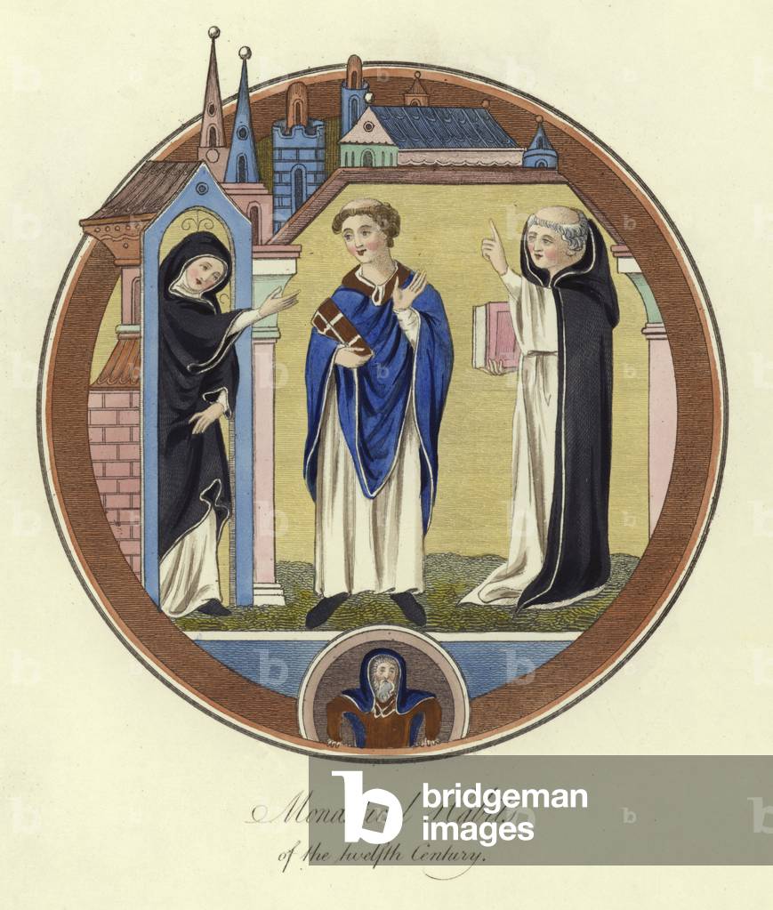 Monastical habits of the 12th Century (coloured engraving)