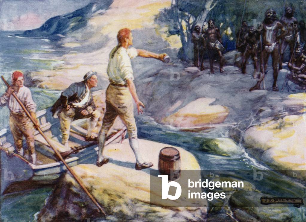 George Bass and Matthew Flinders encounter a group of Aborigines, Australia, 1790s (colour litho)