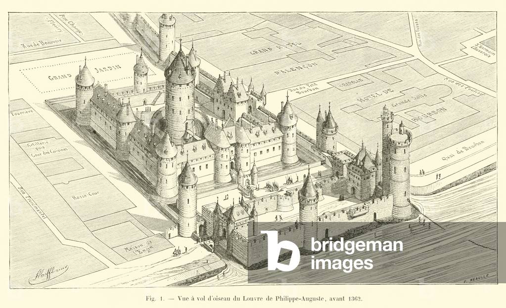 Vue a vol d'oiseau du Louvre de Philippe-Auguste, avant 1362 (engraving)