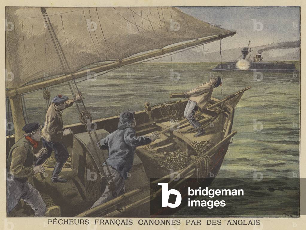 French fishermen fired upon by the British (colour litho)