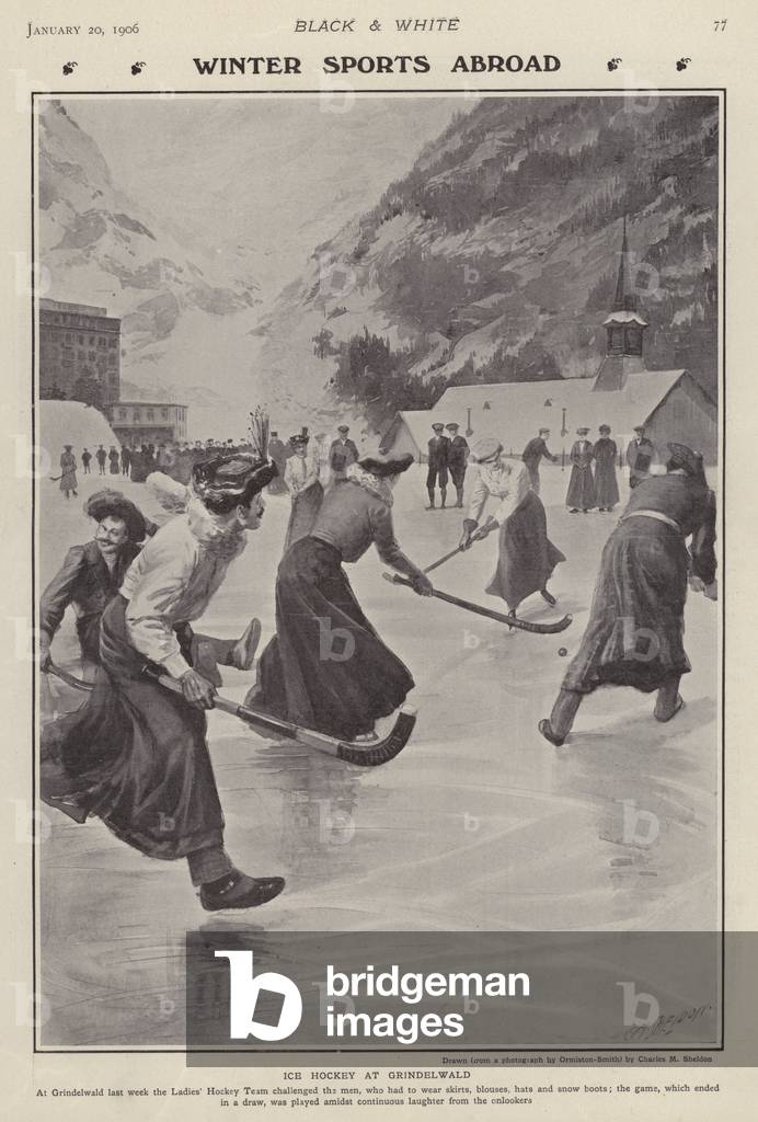 Playing ice hockey at Grindelwald, Switzerland (litho)