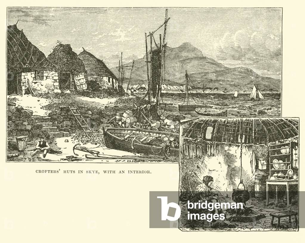 Crofters' huts in Skye, with an interior (engraving)