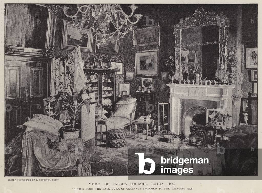 Boudoir of Eleanor de Falbe, Luton Hoo, Bedfordshire, where the Duke of Clarence proposed to Mary of Teck in 1891 (b/w photo)