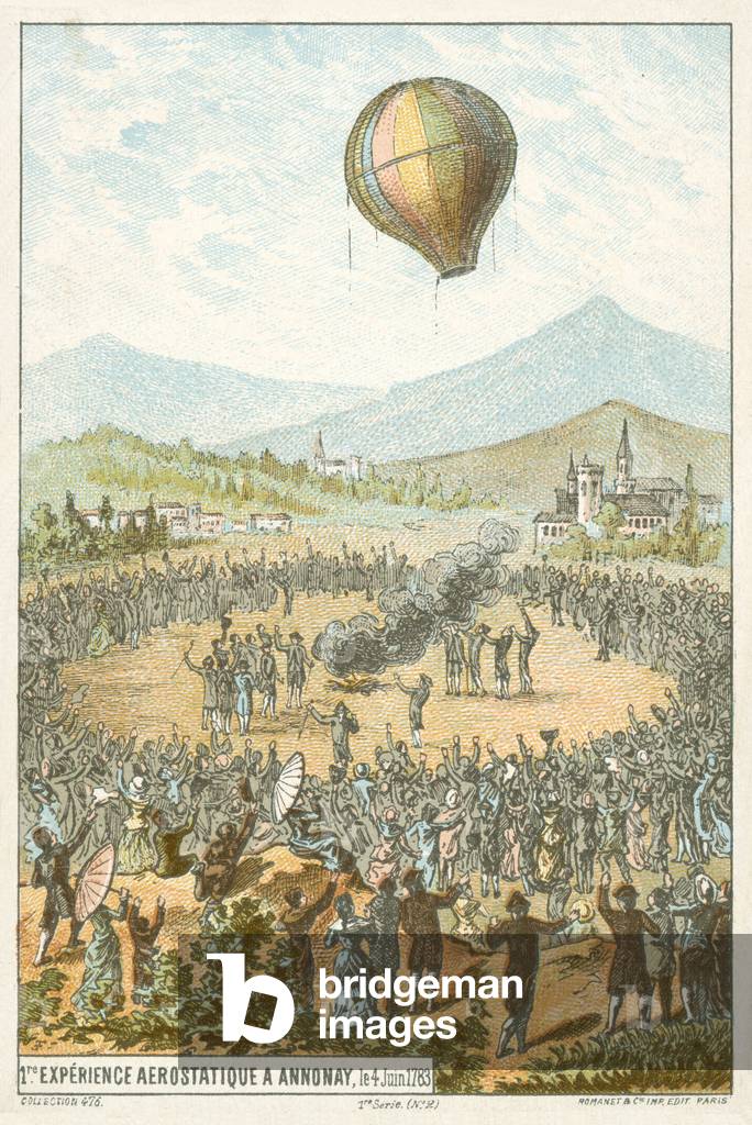 First demonstration of a hot air balloon by the Montgolfier Brothers, Annonay, France, 4 June 1783 (chromolitho)
